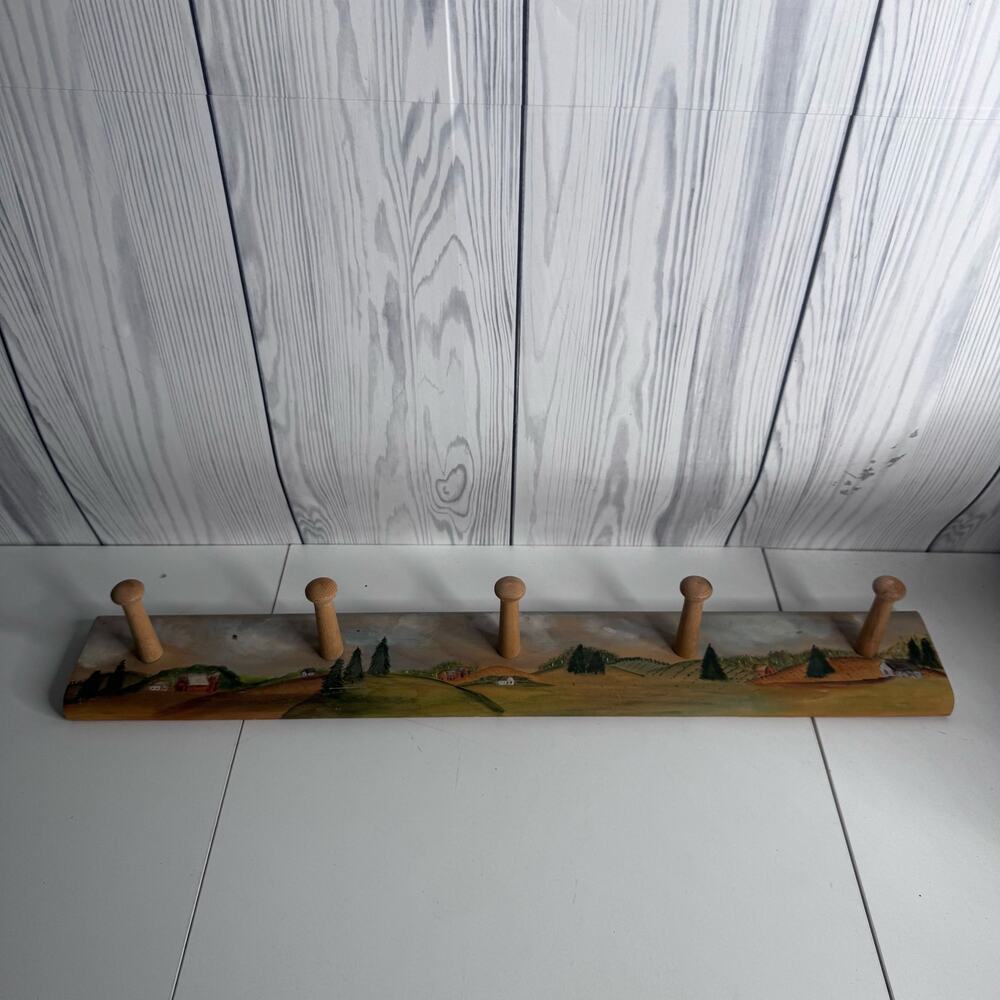 Vintage Folk Art Coat Rack 5 Pegs Hand Painted 24”x4” Country Farm Cottage